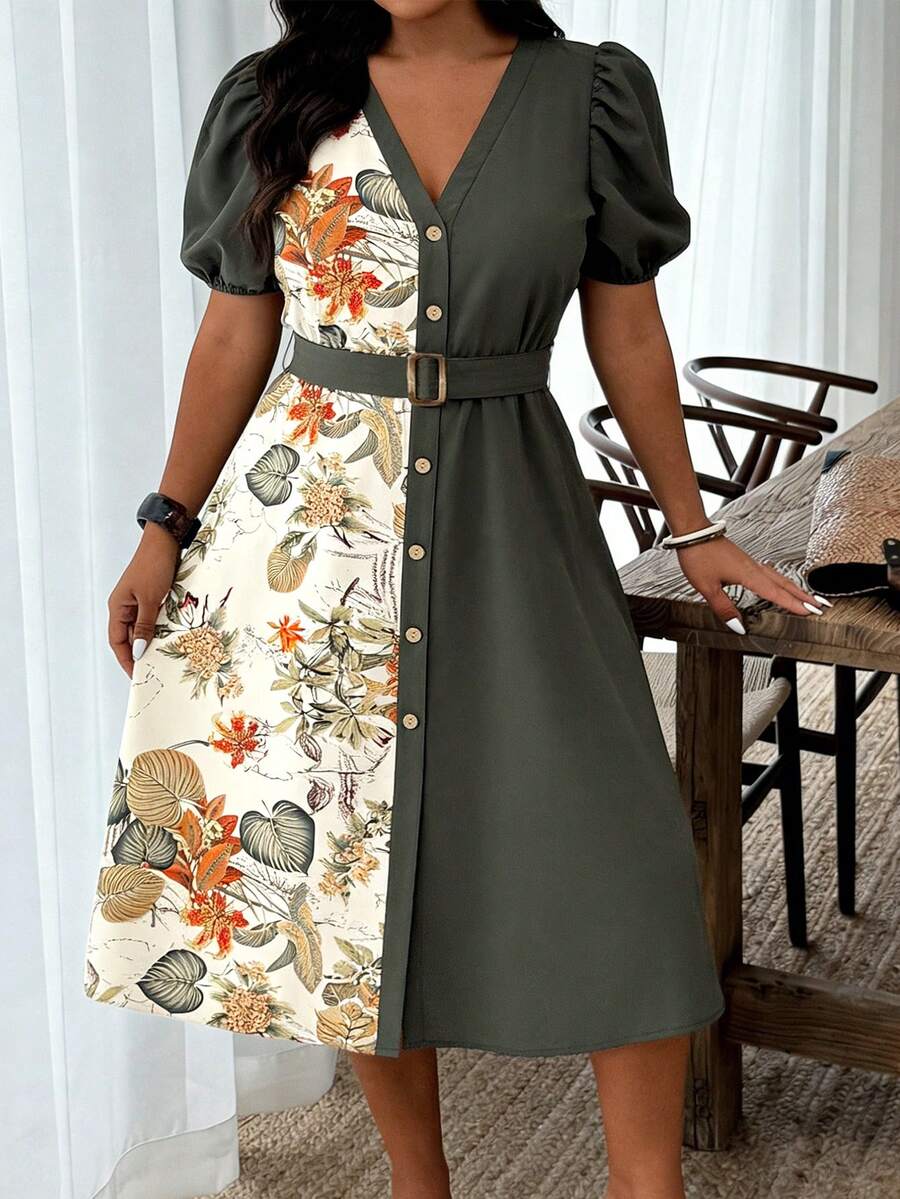 Ceyna Robe imprimée à patchwork à col en V et manches courtes pour femmes grande taille, robes d'été décontractées pour femmes, robes d'été, tenues de printemps pour femmes - Multicolore - Voir 1