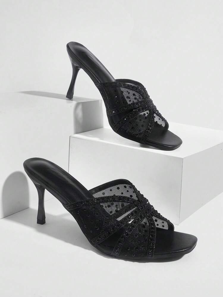 CUCCOO SZL Women's Fashion Square Toe Classic Mesh Diamond Press Sexy Evening Party Party Style Simple Backspace Stiletto High Heel Sandals