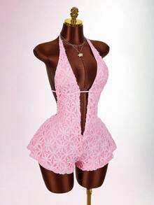 Amplova Bộ jumpsuit nữ lãng mạn, chất liệu dệt họa tiết, cổ chữ V sâu, dáng chữ A, thích hợp cho tiệc mùa hè ở khu nghỉ dưỡng. - Hồng - Xem 2