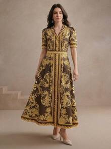 Elegant Floral Print Waist Cinched Collared Single-Breasted Dress, Suitable For Festivals, Going Out, Vacation Outfits For Women - Yellow - View 5