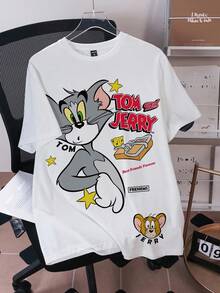 TOM & JERRY X SHEIN 男士圆领卡通字母印花休闲百搭日常短袖T恤 - 白色 - 查看 5