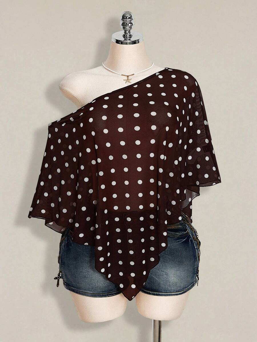 SHEIN ICON Blusa asimétrica de hombro de malla con lunares negros y blancos para mujer de talla grande - Marrón - Ver 1