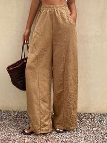 Livesso Women's Casual Satin Floral Print Drawstring Waist Pants - Brown - View 3