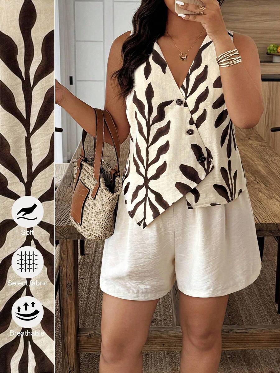 Weeklong Plus Size Women Colorful Floral Print V-Neck Sleeveless Casual Vest Set, Spring/Summer - Multicolor - View 1