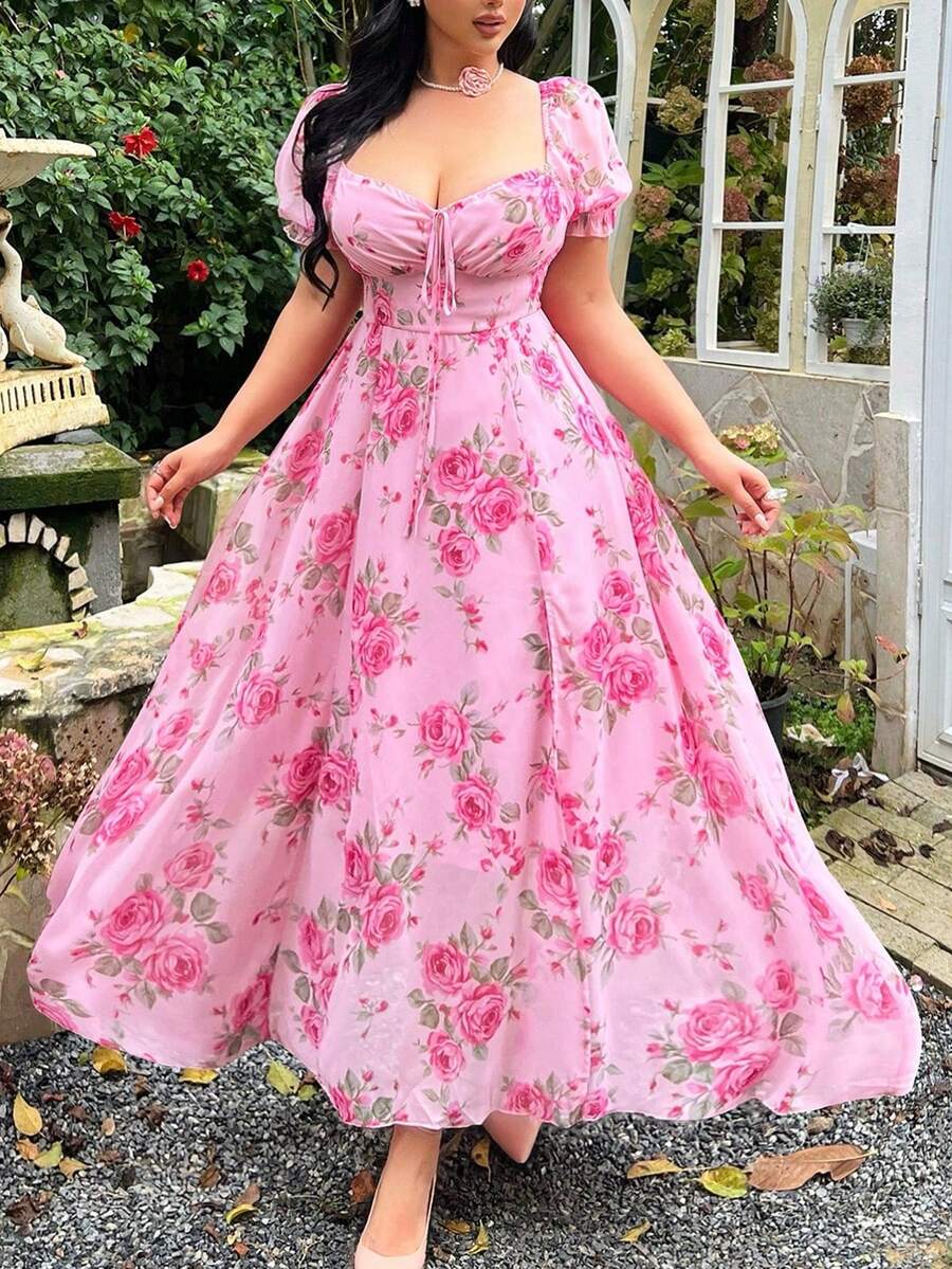Lyrianda Plus Size Elegant Chiffon Printed Dress - Pink - View 1