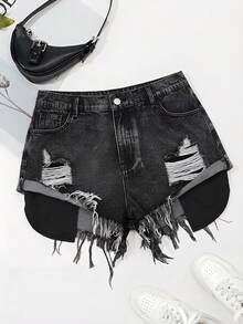 SHEIN Tall CURVE Plus Size Women Blue Denim Ripped Shorts - Black - View 1