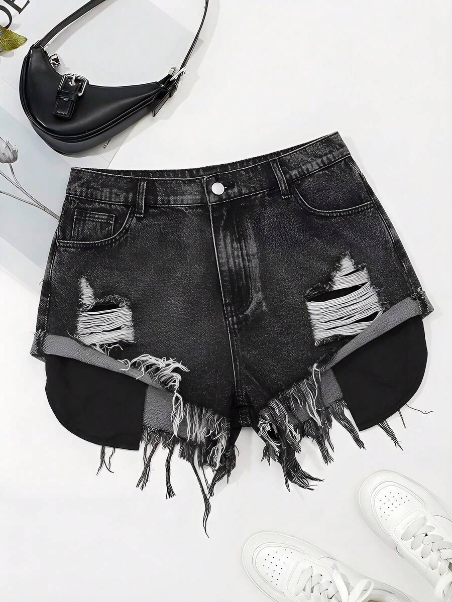 SHEIN Tall CURVE Plus Size Women Blue Denim Ripped Shorts - Black - View 1
