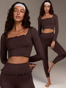 Fluxe Women's Solid Color Fitted Long Sleeve Cropped Activewear Top - Coffee Brown - View 2