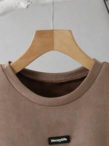 SHEIN Kids/Tween Boys' Chocolate Brown Summer Casual City Break Washed Oversized Loose Fit Round Neck Short Sleeve Knit T-Shirt,School Beach Birthday - Coffee Brown - View 4