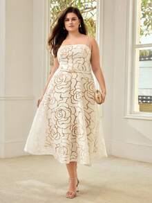 MOTF PREMIUM PLUS SIZE ELEGANT STRAPLESS ROSE FLORAL A-LINE SLIP DRESS, SOPHISTICATED LADY FORMAL GOWN FOR SUMMER - White - View 2