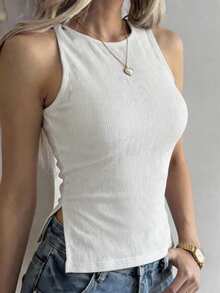 DAZY Women's Solid Color Round Neck Side Slit Hem Casual Tank Top Summer - White - View 3