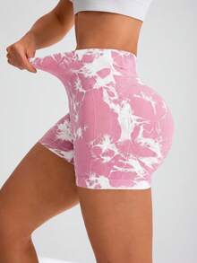 SHEIN Sovereign Charm Shorts esportivos femininos tie-dye, versáteis para fitness e corrida. - Rosa - Ver 5