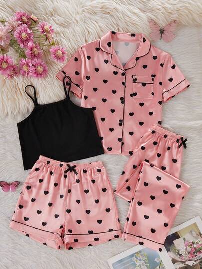 情人节女童粉色和黑色爱心波点印花休闲四件套，包括短袖上衣、裤子、短裤和吊带背心