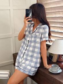 Napfluff Conjunto de pijama con estampado de cuadros en el cuello - Azul - Ver 6