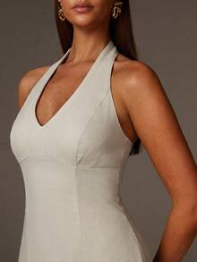 xheAthîral Vestido casual de vacaciones para mujer con cuello halter, sin mangas y hombros abiertos, de unicolor y elegante, adecuado para citas, fiestas y salidasxhe - Albaricoque - Ver 3