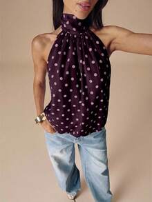 SHEIN BAE 黑白波点露背吊带性感短款上衣，适合音乐节、度假等场合。 - 紫紅色 - 查看 4