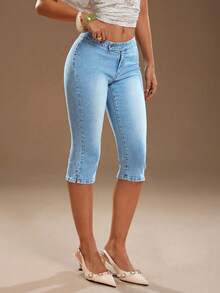 TRNVIE Women's Casual Washed Slim Fit Low Waist Jeans - Blue and White - View 4