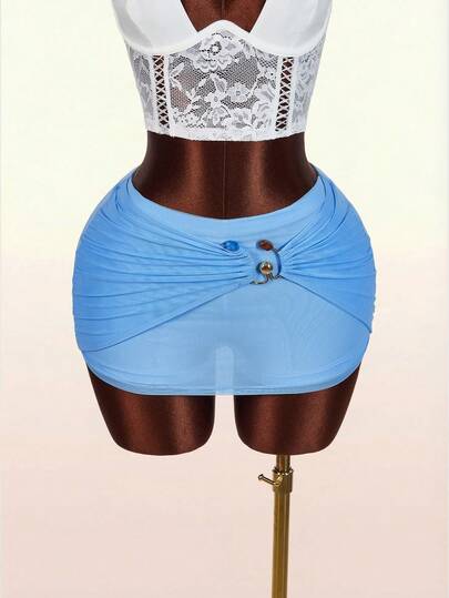 Amplova Women's Solid Color Metal Decor Casual Versatile Date Night Mini Skirt