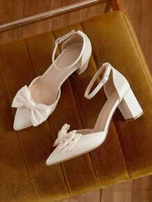 2025秋冬季时尚黑色麂皮蝴蝶结搭扣粗跟镂空尖头高跟鞋，女士优雅高跟鞋，适合婚礼等场合。 - 杏色 - 查看 1