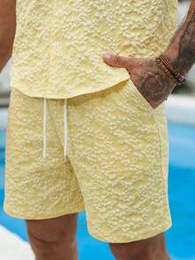 VENTUSAIL Bộ đồ 2 món dành cho nam mùa hè, kiểu dáng thường ngày, chất liệu jacquard, tay ngắn và quần short cạp chun có dây rút. - Màu vàng - Xem 5