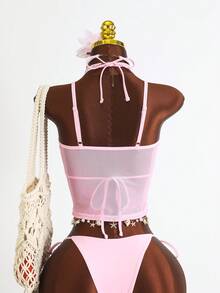 Zestiva Swim Mod-D 三件套泳衣：夏季假日沙滩网纱印花纯色吊带背心、三角比基尼上衣和系带泳裤，性感女士坦克背心套装 - 粉色 - 查看 3