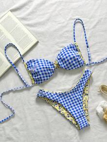 Swim Mod Bộ bikini hai mảnh họa tiết hoa và kẻ caro dành cho nữ, thích hợp mặc đi biển mùa hè, có dây đeo điều chỉnh được. - Nhiều màu - Xem 3