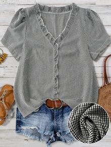 SHEIN LUNE CURVE 大码女式纯色纹理V领短袖休闲常规衬衫，适合外出、度假、夜店等场合 - 彩色 - 查看 1