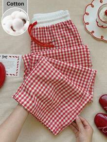 SHEIN EZwear Quần ống rộng kẻ caro đỏ dáng casual dành cho nữ - Đỏ và trắng - Xem 8