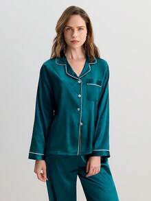 Hourtrue Ensemble de pyjama femme avec col contrasté et manches longues, vêtements d'automne et d'hiver - Bleu canard - Voir 7