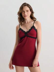 Hourtrue Contrast Lace Bow Front Cami Pajama Nightdress - Burgundy - View 6
