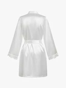 Bisouelle 四件套睡衣套装：刺绣V领缎面吊带裙、吊带背心、短裤和浴袍，新娘内衣套装，秋冬服装 - 白色 - 查看 8