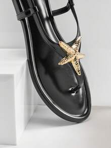 VACAZURE SeaGleam Women's Metallic Starfish Decor Pu Black T-Strap Sandals – Chic, Beachy & Comfortable. - Black - View 5
