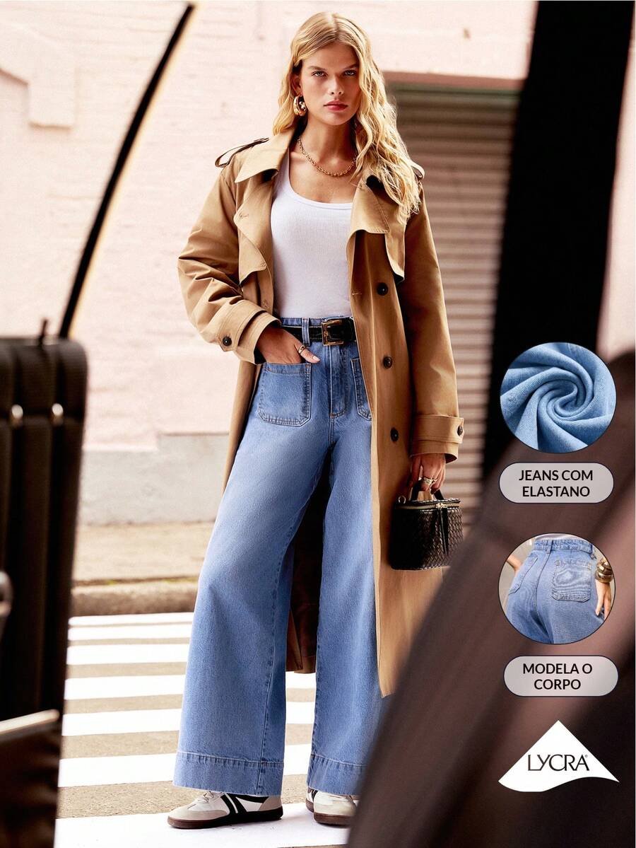 Daynim 高腰阔腿牛仔裤 - 中等水洗藍 - 查看 1