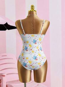 SHEIN X Care Bears Traje de baño de una pieza con estampado de dibujos animados para vacaciones en la playa - Azul - Ver 2