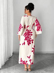 Elenzga 大码女士优雅通勤简约日常约会派对性感宴会开衩袖口修身杏色底黑色印花长裙 - 玫紅色 - 查看 2