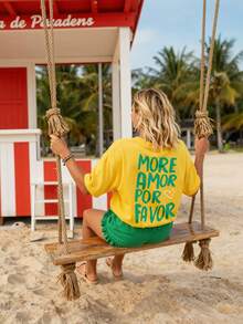 DrmWander Plus Size Round Neck Drop Shoulder Short Sleeve Fashionable Printed Loose T-Shirt, Summer - Yellow - View 3