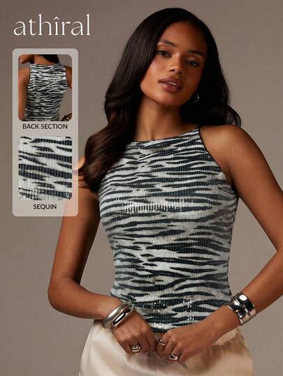 Athîral Áo hai dây đính sequin họa tiết da báo thời trang dành cho nữ mùa hè