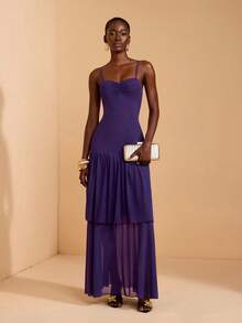 JIAN LASALA Vestido maxi de vacaciones con doble capa, ajustable y con pliegues oversize para mujeres - Morado - Ver 4