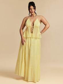SHEIN BAE Plus Size Brown Summer Boho Beach Holiday 2 Pieces Set, Backless Tie Strap Top Low Waist Skirt, Textured Pleated Suit, Festival Outfits For Women, Y2k - Yellow - View 5