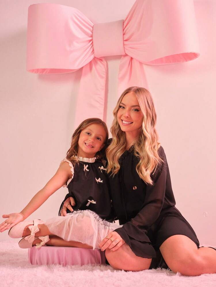 Genkimix Kids Vestido Casual de Verão para Menina com Recortes em Tela e Laço Decorativo - Preto - Visão 3