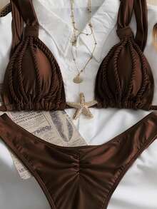 Swim Chiccia Women Brown Plain Straps Bikini Set With Lace Up Details Short Length - Brown - View 4