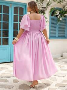 SHEIN CURVE+ Đầm nữ cỡ lớn dáng rộng, cổ tròn, tay ngắn, màu trơn, thanh lịch, thích hợp cho ngày Valentine, mùa xuân/hè, hoặc dịp năm mới, màu hồng. - Hồng - Xem 10