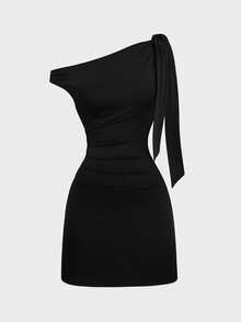 Sweetra Elegant Asymmetrical Shoulder Bodycon Dress, Waist Cinching, Flowy Ribbon Design, Unique - Black - View 1