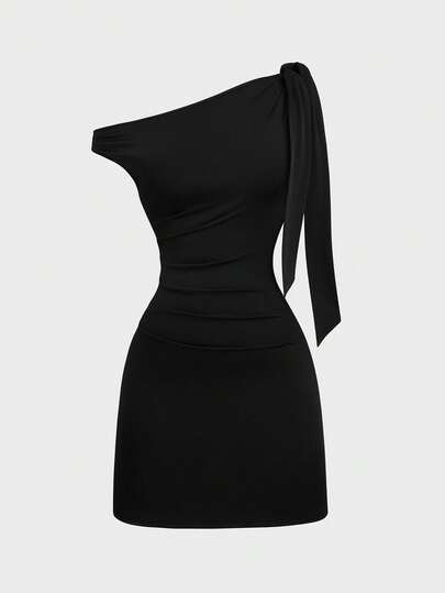 Sweetra Elegant Asymmetrical Shoulder Bodycon Dress, Waist Cinching, Flowy Ribbon Design, Unique
