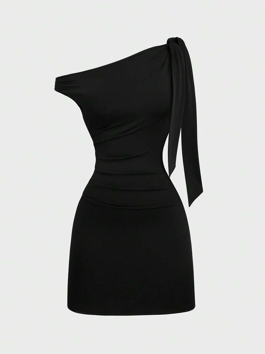 Sweetra Elegant Asymmetrical Shoulder Bodycon Dress, Waist Cinching, Flowy Ribbon Design, Unique - Black - View 1