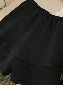 SHEIN Tall CURVE Conjunto de 2 piezas con decoración de volantes, top corto sin tirantes y falda, estilo dulce y fresco, color azul, talla grande - Negro - Ver 7