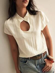 Easelle Áo sơ mi nữ cổ tàu cài nút kiểu retro casual cổ giọt nước - Màu vàng - Xem 6