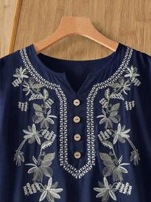 Rusticease Women's Summer Vacation Casual Embroidered Blouse - Navy Blue - View 5