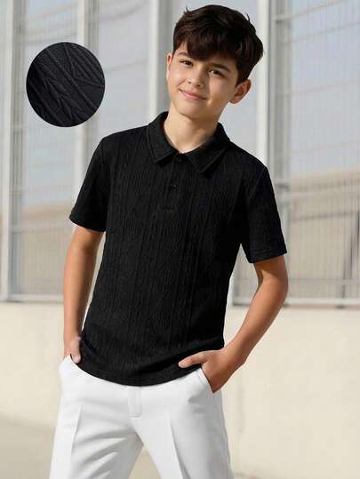 Vacaura 1 pieza Camisa polo de unicolor jacquard minimalista y elegante para niños adolescentes, tela cómoda, adecuada para múltiples temporadas y ocasiones