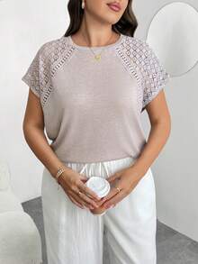 Enliva Plus Size Color Block Contrast Lace Short Sleeve T-Shirt, Suitable For Beach Vacation In Summer Boho Vacation, For Apple And Rounded Body Shape - Khaki - View 5